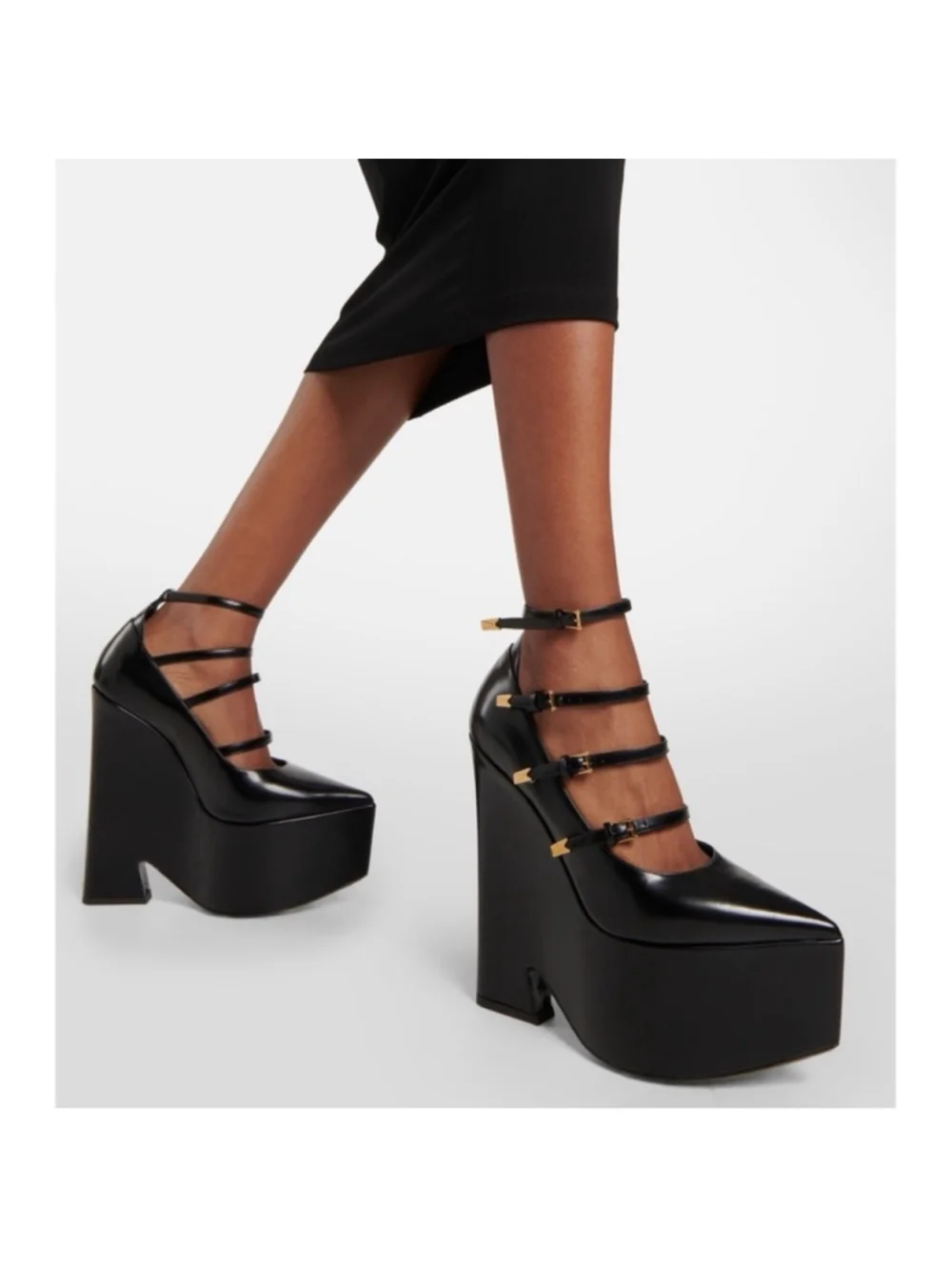 VERSACE Designer Heels Tempest Leather Platform Pumps Straps Black Size 37.5